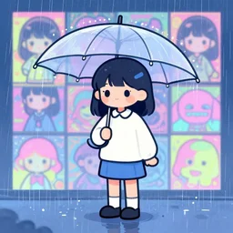 beautiful acrylic style, lone girl holding umbrella, contrast, visible rain, vaporware cartoon, manga japan background, vibrant neon pastel, kawaii, rainy gloomy, rainy night
