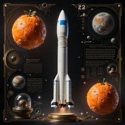 blue v2 rocket in space, orange fruit as a planet, intricate sci-fi poster by Denis Villeneuve