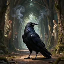 highly detailed raven standing on the ground of an old wood corridor, swirls of smoke in the background, stephen bliss, unreal engine, fantasy art by greg rutkowski, loish, rhads, ferdinand knab, makoto shinkai and lois van baarle, ilya kuvshinov, rossdraws, tom bagshaw, alphonse mucha, global illumination, radiant light, detailed and intricate environment
