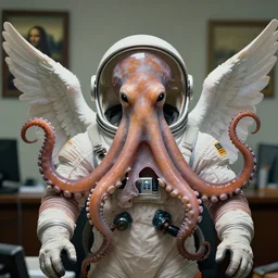 close-up of a biblical angelic octopus wearing a spacesuit in the office, second coming, centered, portrait by Greg Hildebrandt, studio lighting, 85 mm, muted colors, by Terry Richardson, by Leonardo DaVinci, by Beeple, ultrarelistic, extreme detail, caustics, trending on Artstation, 8K, octane renderer, rtx on