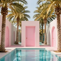 indoor liminal space, golden light, palm trees, pink door, minimalistic, hyperrealistic surrealism, award winning masterpiece with incredible details, epic stunning, infinity pool mirrors, a surreal vaporwave liminal space with mirrors, highly detailed, trending on artstation, artgerm and greg rutkowski and alphonse mucha, daily deviation