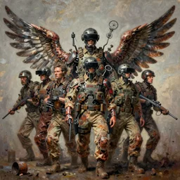 human soldiers, in center of composition, wings, cybertronic gadgets and vr helmet, flesh + technology, durty colours, rotten textures, rusty shapes, biotechnology, piotr jablonski, norman rockwell, tim hildebrandt, dariusz zawadzki, bruce pennington, larry elmore, hyperrealistic oil painting on canvas, deep depth field, masterpiece, cinematic composition,