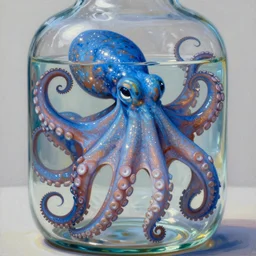 a ultra high resolution photorealistic painting a bluish octopus escaping into a transparent glass bottle. the light is shimmering bright, and the colors are brilliant. it is looking at the camera lens, in the style of of greg rutkowski, alphonse mucha, digital painting, high octane
