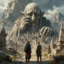 by nadezda and david stoupakis, visually stunning, cinematic, ultra realistic, hyper realism, 1 2 k, epic, octane render, unreal engine, vfx, maya, a dwarf city built into a mountain, dwarf statue : gargantuan disappointment of crying souls