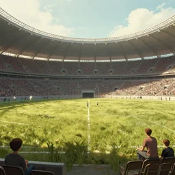 a farm inside of a stadium, Simon Stalenhag, Wadim Kashin, solarpunk, 4K, cinematic