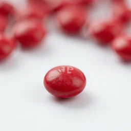 a single red m & m candy, a red sphere