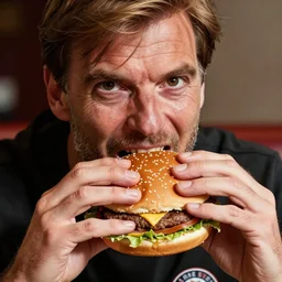 jurgen klopp eating a hamburger, anime, manga, close - up, visceral