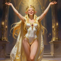 Worksafe. Fully clothed. Heavenly gentle saint high elven sorceress fairy princess goddess queen,wearing leotard,expressing joy,at hall. By Frank Frazetta and Boris Vallejo.