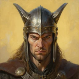 breathtaking soft painting of angry viking with an intricate retrofuturistic helmet in a golden sky, realistic symmetrical face features, rembrandt style, elegant, highly detailed, artstation, concept art, matte, sharp focus, art by tom bagshaw, and greg rutkowski