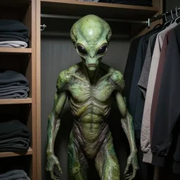 a large ectomorph alien in a closet, harsh flash
