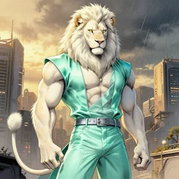 aesthetic portrait commission of a  of a male fully furry muscular anthro albino lion with a tail and a beautiful attractive hyperdetailed face wearing stylish and creative wearing  mint outfit made out of silk in a sci-fi dystopian city at golden hour while it storms in the background. Character design by charlie bowater, ross tran, artgerm, and makoto shinkai, detailed, inked, western comic book art, 2021 award winning film poster painting