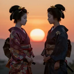 samurai and geisha stand opposite each other against the backdrop of the setting sun, japanese style, ultra - realism, artstation, wow it is beautiful, sharp focus, ultra detailed, 8 k, dramatic