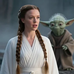 film still of!!!! millie bobby brown!!! as princess leia in star wars movie, long braided hair pulled back, closeup portrait, wearing long white robe, deep focus, talking to yoda on dagobah, glamour pose, dramatic lighting, octane, mist, volumetric lighting, 8 k