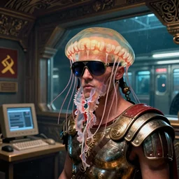 closeup view of a male jellyfish human hybrid wearing roman armor and visor shades, inside of a dimly lit ancient Roman villa with a soviet computer console and a semi-transparent wall with an exterior view of a NewYork subway station that is underwater, ektachrome photograph, volumetric lighting, 24mm f8 aperture