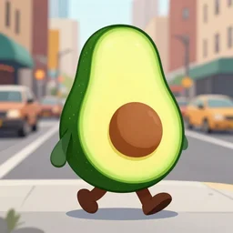 an avocado walking down a street in new york, cartoon
