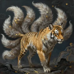 beautiful painting insiperd by the mythical beast in the classics chinese book 山 海 经, animal concept design : 九 尾 狐, 狐 狸, 虎 头, high detail, religion light, grey blue and gold and dark scheme, by emil melmoth, craig mullins, greg rutkowski, fenghua zhong, pete morbacher, religion light, khaki and gold and dark scheme, artstation, ultra detailed
