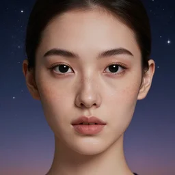 a photorealistic portrait, stunningly beautiful hyper detailed girl, mysterious black eyes, professionally retouched, soft lighting, hyper realistic, small fine nose, pretty big mouth, freckles, beautifully detailed colorful starry sky, wide angle, sharp focus, 8 k high definition, 6 4 megapixels, insanely detailed, stunningly beautiful