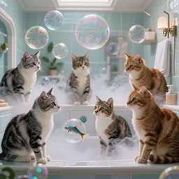cats in soap bubbles in bathroom, by nicoletta ceccoli, mark ryden, lostfish, max fleischer, depth of field, detailed and intricate environment, 8 k resolution, hyperrealistic, octane render, no human, magic fog, shiny neon bubbles