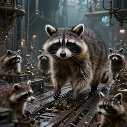 evil raccons being mass - produced on cyber - gothic - baroque production line, detailed, intricate, advanced, fantastic reality, 8 k resolution