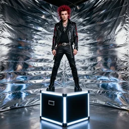 lorde in punk rock attire standing on top of a luminated black box with strobe lights and a chrome covered background