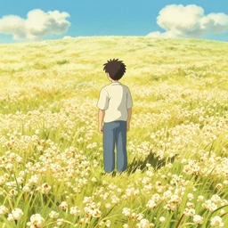 man stands on a meadow made of popcorn, anime, ghibli