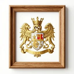 a illustration coat of arms, wood frame engraving with elegant details, golden border detail ornaments art by fantasy and hearthstone style, centered, facing shot, crowns, dragons!! and royal shields, symmetry!!!!!, elegant, masterpiece
