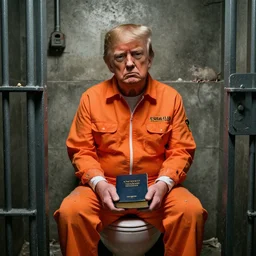 a head and shoulders portrait of Donald wearing a orange jumpsuit, sitting on a toilet holding a bible in a filthy rat infested concrete jail In a maximum security prison, dimly lit, volumetric lighting, arney freytag, craig mullins and Annie Leibowitz, octane, 8k,