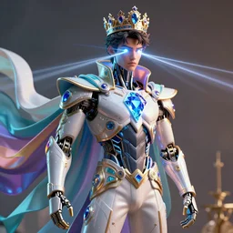 full-body sculpture of a young handsome Latino prince as a half cibernetic android with a glowing blue diamong in his chest, white laser beams coming out of his eyes, crown of giant jewels,  flowing neon-colored silk, geometric shapes in a cyperbunk and baroque style. intricate artwork by caravaggio. Trending on artstation, octane render, cinematic lighting from the right, hyper realism, octane render, 8k, depth of field, 3D
