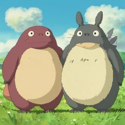two otherwordly beings characters, funny pair, comic, in the style of ghibli