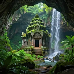 ancient temple,plants and waterfalls in the interior of a cave,digital art