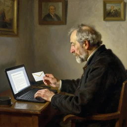 grandpa trying to figure out how to send an email sitting in his small room looking at his computer screen laptop desktop. jamie wyeth greg rutkowski winslow homer thomas eakins lucian freud edward hopper j. m. w. turner oil painting