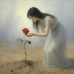 lonely rose growing on dry soil, woman caring for the rose, beautiful face, long dress, fantasy world, ethereal back light, mist, coherent composition, detailed fantasy painting, noriyoshi ohrai, yuumei, mark brooks