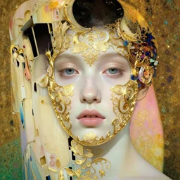 a beautiful girl's face made of ivory and gold filigree, film still by edward hopper, by Bosch, by klimt, art noveau, highly detailed, strong lights, liminal, eerie, Bright pastel colors, octane render, 8k