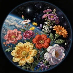 An epic fantastic realism comic book style painting of the most beautiful flowers launched into space, nearby stars, dark cosmos, bouquets, fisheye lens, unreal 5, DAZ, hyperrealistic, octane render, dynamic lighting