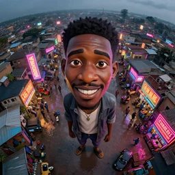 3 d vfx - caricature - art of a bustling - neon lit - wet ajegunle slum in nigeria, cinestill 8 0 0 t photograph, unreal engine render, digital illustration, illustration style by mike winkelmann, sharp, intricate detail, volumetric light, ray tracing, soft light, colourful, surreal environment, fish eye drone perspective,