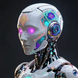 hyperdetailed masterpiece portrait of a cyberpunk robot, covered in colorful glowing holy geometry and chakras, wearing headphones, symmetrical, 8 k, halluzinogenic