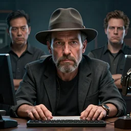hyperrealistic mixed media image of info wars alex jones wearing hat at desk, stunning 3 d render inspired art by xiang duan and thomas eakes and greg rutkowski, perfect facial symmetry, hyper realistic texture, realistic, highly detailed attributes and atmosphere, dim volumetric cinematic lighting, 8 k octane detailed render, post - processing, masterpiece,