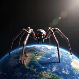 giant robot spider standing on top pf planet earth, cinematic, shot from space, sci - fi movie still, lens flare, greg rutkowski, wlop