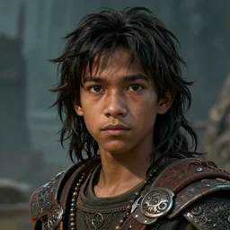 An epic fantasy comic book style portrait painting of a young dark skinned long haired boy peasant with intelligent eyes in the style of the wheel of time, unreal 5, DAZ, hyperrealistic, octane render, cosplay, RPG portrait, dynamic lighting