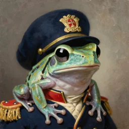 a head - and - shoulders portrait of an amazon milk frog wearing a navy colonial military uniform ( ( ( hat ) ) ), an american romanticism painting, oil on canvas, cgsociety, soft focus