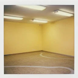 a wide - shot photo of dry walls positioned randomly in between cross - sections of rooms. the walls are plastered in only mono - yellow, rectangular florescent lights randomly arranged on a drop - down ceiling, and a old, tan - brown carpet across the floor snaking in between the cross - section walls. taken on a 1 9 9 1 polaroid camera