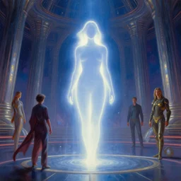 glowing woman silhouette in a hyperspace palace, tim hildebrandt, wayne barlowe, bruce pennington, donato giancola, trending on artstation, cinematic composition, raytracing, beautiful lighting, hyper detailed, 8 k, oil on canvas
