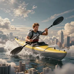 very very intricate photorealistic photo of a man in a kayak paddling through the sky above a city, photo is in focus with detailed atmospheric lighting, award - winning crisp details