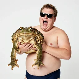 a leaked photo of fat man holding the worlds largest toad. the fat man is wearing a swimsuit, 1 9 9 8 sunglasses and he is screaming