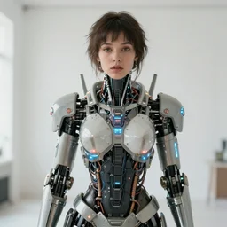 centered portrait of soulful young demi moore as a solarpunk mecha humanoid robotic parts with bright led lights, real human face, pudica gesture bouguereau style, in white room, ultra - realistic and intricate, soft portrait shot 8 k