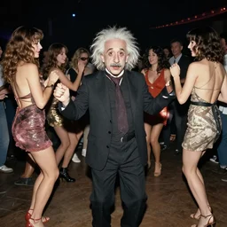 Albert Einstein at a rave dancing with beautiful women, 35mm film