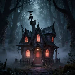 fun strange darkness house inspired by Tim Burton, (by Tim Burton) dark forest background, mist, fog, volumetric lighting