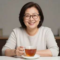 portrait of middle aged woman sitting in a table with a hot cup of tea, small wide smile, mandel eyes, glasses, smooth skin, small plump lips, oval face, wrinkled big cheeks, calming white background of a kitchen with yellow flowers, cheerful colours, oil painting, sharp focus, illustration, artstyle of michelangelo