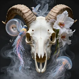 3 d close - up portrait of the human skull, ram skull, face of a beautiful goddess mixed with jellyfish phoenix and bird and giant orchid!! flower and giant gladiola. midsommar style, intricate, elegant, surrounded by smoke and water energy flow. translucent nautilus, highly detailed. octane render, by wlop, tooth wu, greg rutkowski, alena aenami