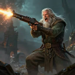 gandalf screaming and shooting with a machine gun, fantasy concept art, very detailed, trending on artstation, 4k